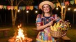 © j_everton - Mulher caipira segurando cesta de flores e milho em festa junina iluminada