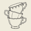© Anna - Vintage stacked teacups hand drawn line art vector illustration, cottagecore retro style