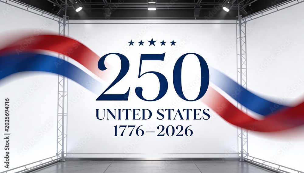 Displaying large commemorative 250 graphic on studio stage, with ...