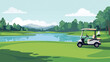 © Pemuda - flat vector Beautiful golf courses lake and golf cart