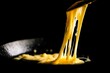 © saku - Melted Fontina cheese bubbling and stretching, showcasing its delicious gooey texture in a dark culinary setting