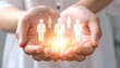 © EPDICAY - Digital people symbols shining in cupped hands, symbolizing teamwork, social networks, and human connection.