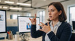 © Arra Vais - Sign language communication in modern office setting with professional woman actively signing. Clear sign language communication demonstrated by confident employee, fostering inclusive workplace.