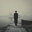 © Tanakrit - A solitary man in a long coat and bowler hat stands on a wooden pier, gazing at a distant, ghostly shipwreck in a foggy, calm waterscape.