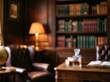 © Arham - Blurred luxury home library study interior background leather chair wooden desk bookshelf elegant workspace warm lighting