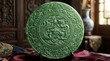 © Farzan - Intricate Green Jade Plate with Dragon Motif Displayed on a Stand.