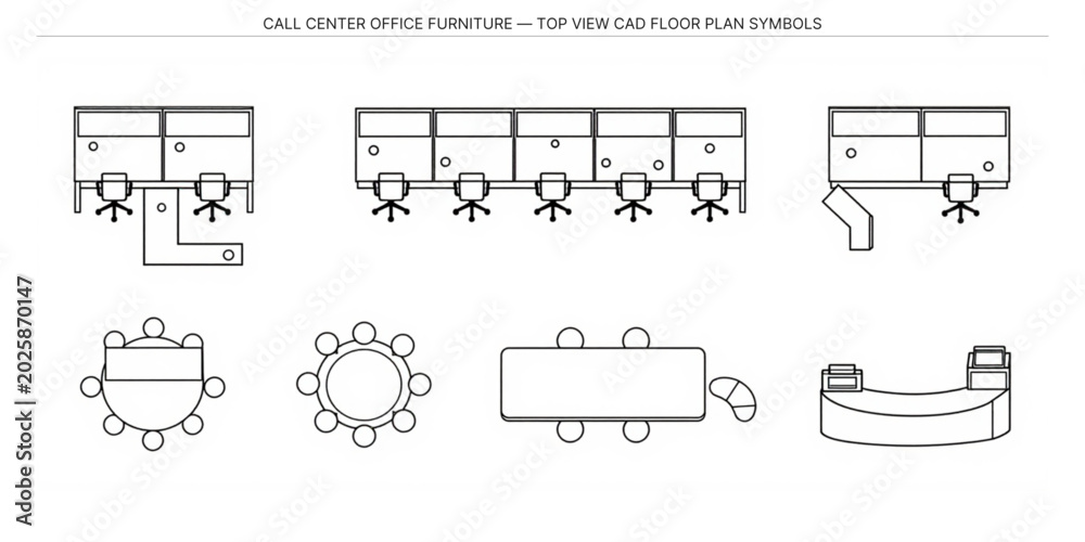 Call center office furniture CAD set, top view vector floor plan ...