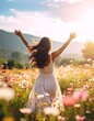 © talo - Woman in white dress running through colorful flower field, arms outstretched, enjoying the sunset