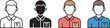 © shuvo 1   - male delivery man with cardboard parcel box icon set, logistics courier service and shipping professional symbols in line, outline, flat, and solid styles.