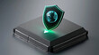 © Tiravad - Secure microchip with glowing shield and globe hologram protecting data on black processor surface, futuristic cyber security concept