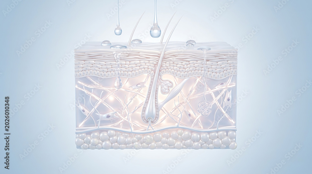 3D Rendering Bright Skin Anatomy Layer with Hydration Drops and ...