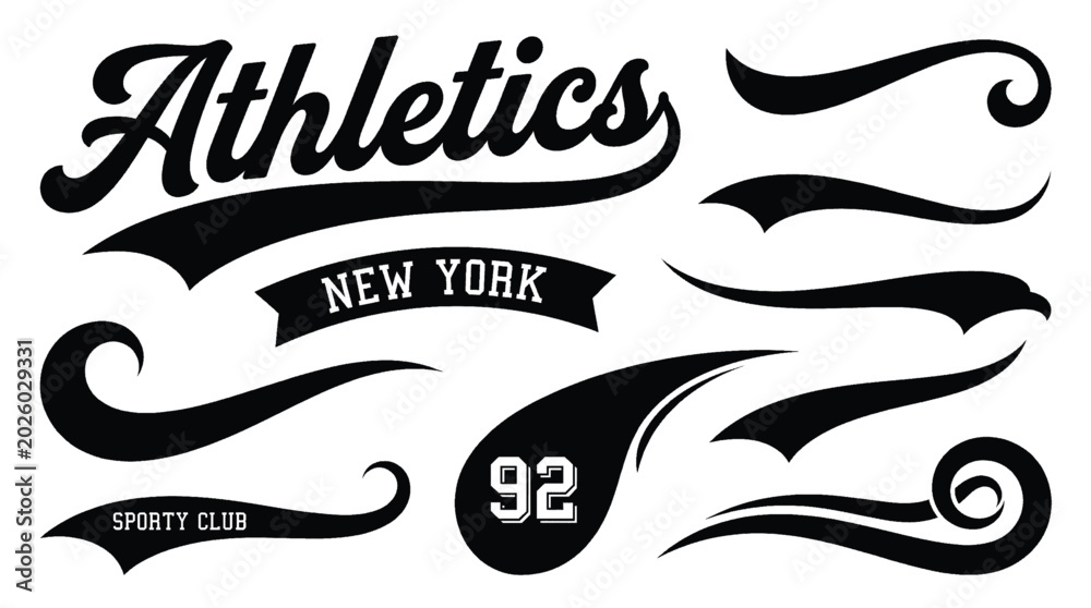 Sports Swashes Vector Vintage baseball script swooshes and swashes with dynamic retro wave ...