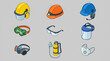 © Kak - Collection of safety equipment including hard hats, goggles, and respirators for protection.