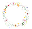 © satika - Watercolor floral wreath border frame. Pink chamomiles, yellow, orange, peach poppy, flowers. green, turquoise branches. Hand drawn style illustration. Artistic template design.
