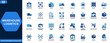 © aura studio - Warehouse logistics icon set. Cargo, freight, storage, shipment, pallet, forklift, delivery, distribution, inventory management. Editable icons collection. Vector.