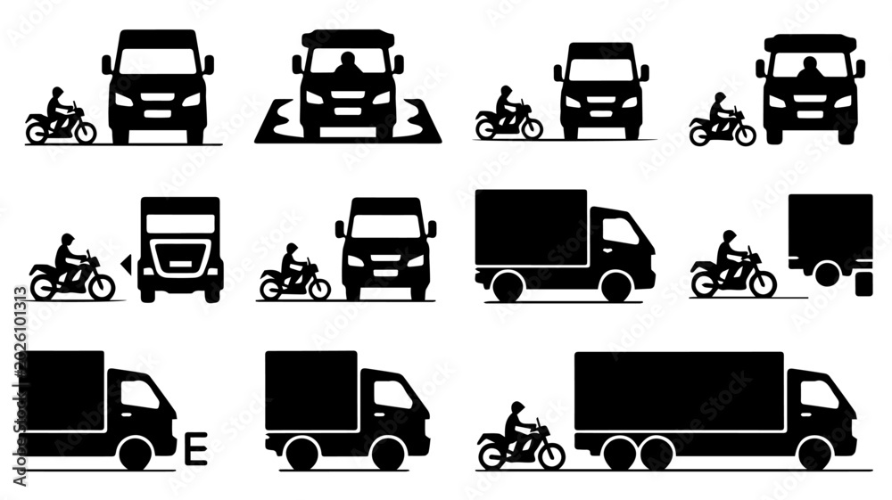 Motorcycle Safety Icon Truck and motorcycle blind spot safety icons, heavy vehicle road ...