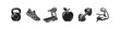 © Ірина Гринюк - Vector icons representing fitness, bodybuilding, and a healthy lifestyle in a clean black silhouette style. The set features a flexing bicep with a wristband, a treadmill, a running sneaker, a crossed
