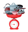 © Marina - Vector illustration of a large pile of kitchen pots, pans, colanders, and a kettle stacked inside a red mechanical dial scale isolated on white background.