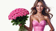 © ksuklein - smiling young woman with long wavy brown hair wearing a pink strapless dress holding  large bouquet of  pink roses  against   white background.