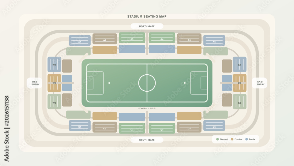 Stradium Layout Pastel Stadium Seating Map with Football Field. Minimal stadium seating ...