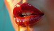 © Pete - Red lips with sweet honey dripping. Woman mouth with glossy lipstick and liquid flowing. Sensual beauty shot with sugary dessert topping. Female desire for tasty treat.