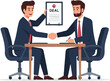 © Lensory - Business negotiation between two men in suits shaking hands over deal agreement in office setting