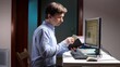 © Aliaksandr - Man in a light blue shirt holding and checking a hundred dollar bill while organizing money in a wallet at a desk with a computer monitor displaying financial data in a home office setting