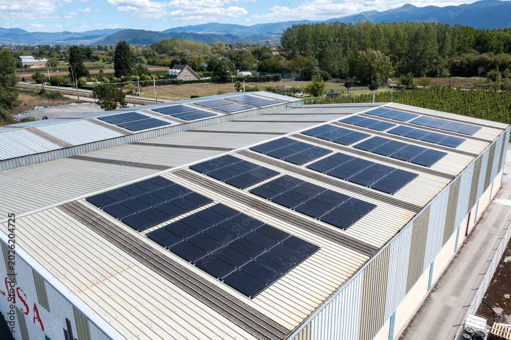 Panel System Architecture With Clips Building roof installing multiple solar panels producing clean energy ...