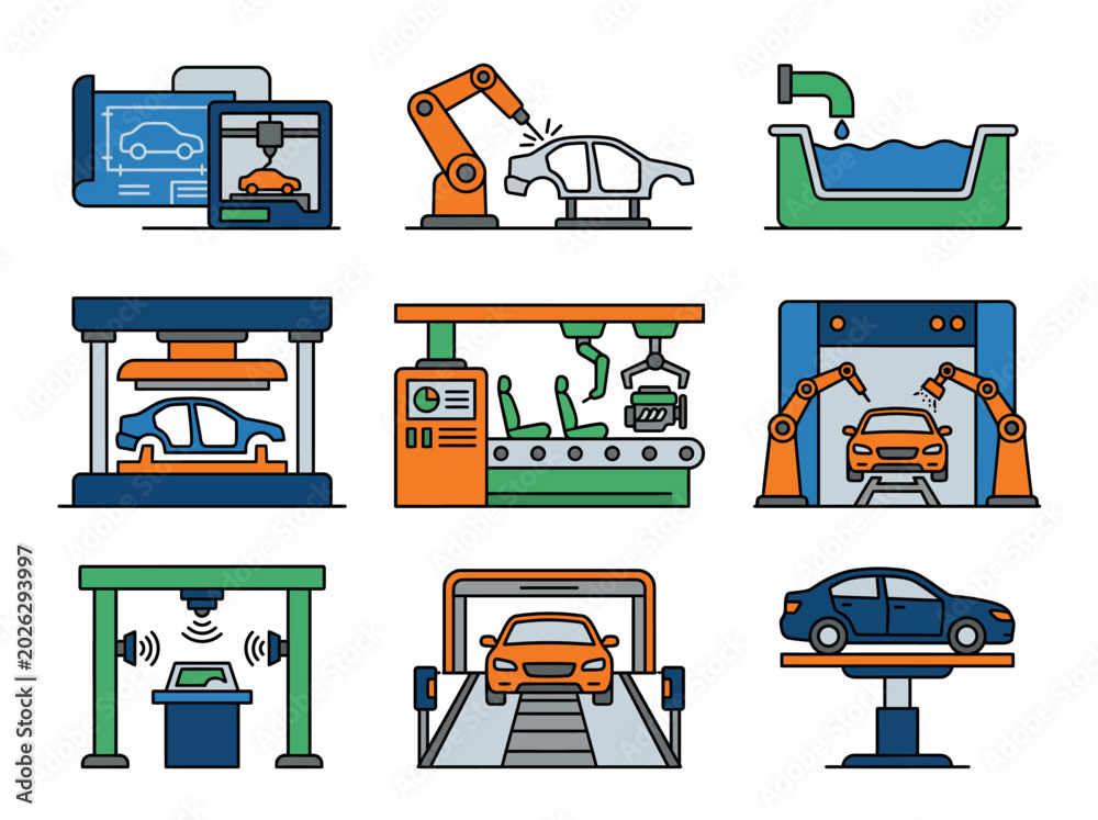 This image showcases the stages of automotive manufacturing including ...