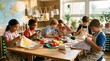 © 5 Grace Media - Diverse group of young children engaged in a creative art and craft activity in a bright classroom setting, making fabric bags.
