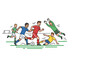 © takon mboke - Cartoon illustration of a dynamic soccer match with players competing for the ball.