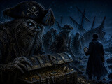 Terrifying zombie pirates guarding a treasure chest with a lone explorer holding a compass