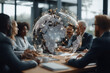 © Nathasa - Business people in a meeting with a digital globe and world network connections floating above.