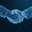 © Mohsin - Futuristic digital handshake of glowing blue network lines and dots, symbolizing technology partnership and business agreement.