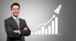 © MdNazim - Confident man in gray suit with ascending bar chart and rocket