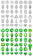 © Gregory - A collection of stylized illustrations of gemstones of various shapes and cuts in color and a linear cutting pattern