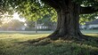 © Gam - A large tree with subtly subsiding soil, its underground roots hollowed by water in morning light.