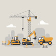 © Djenggo - Construction site illustration: crane, excavator, bulldozer, truck, cityscape.