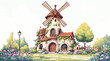 © Joko - Bright windmill cottage with floral yard and lamp. Whimsical garden house with vines and wooden blades. Charming stone mill for nursery poster and card design