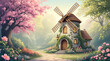 © Joko - Spring windmill cottage under pink cherry blossoms. Blossom garden mill scene for seasonal greeting card. Soft floral tower house with romantic spring atmosphere