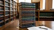 © Keo - A stack of law books sits on a wooden table in a library. The books cover various legal and regulatory topics, including corporate law, legal standards, and environmental law.