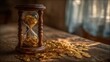 © rifai_art - Hourglass filled with gold coins on weathered wood with blurred background.