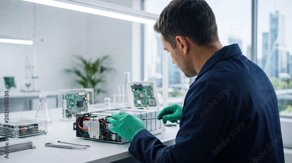 Engineer assembling battery pack in modern lab, green energy technology ...