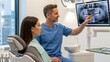 © nia - Modern dentistry: Patient review with dentist examining an x-ray for oral health consultation in