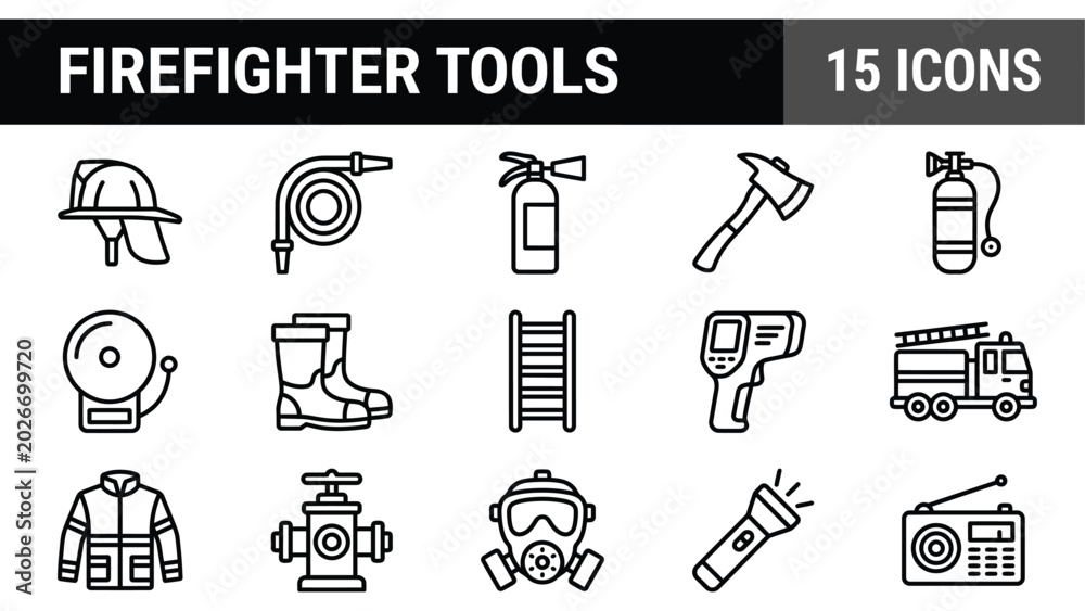 Firefighter tools line icons, 15 firefighting equipment vector symbols ...