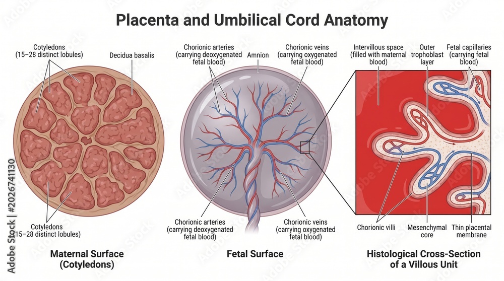 Chorionic Ring Placenta and umbilical cord anatomy chart with chorionic villous cross ...