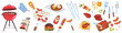 © m_matvi - Barbecue party vector set with grill tools, sausages, burgers, steaks and fresh vegetables. Summer bbq collection in cartoon flat style. Outdoor picnic food elements isolated on white background