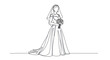 © Fulan - Minimalist bride wedding dress one line drawing, holding bouquet, elegant bridal veil