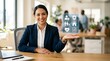 © Barca - Smiling professional businesswoman presenting floating digital icons for insurance health family and home coverage in an office
