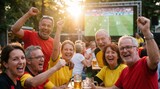 Cheerful german football soccer fans celebrating victory at outdoor public viewing event with beer